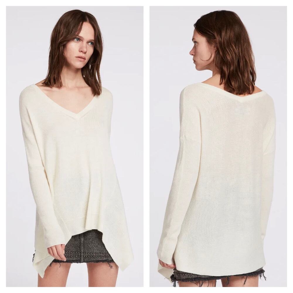 Allsaints Kelsey Cream V-neck Knit Top Lightweight Small Italian Yarn Minimalist